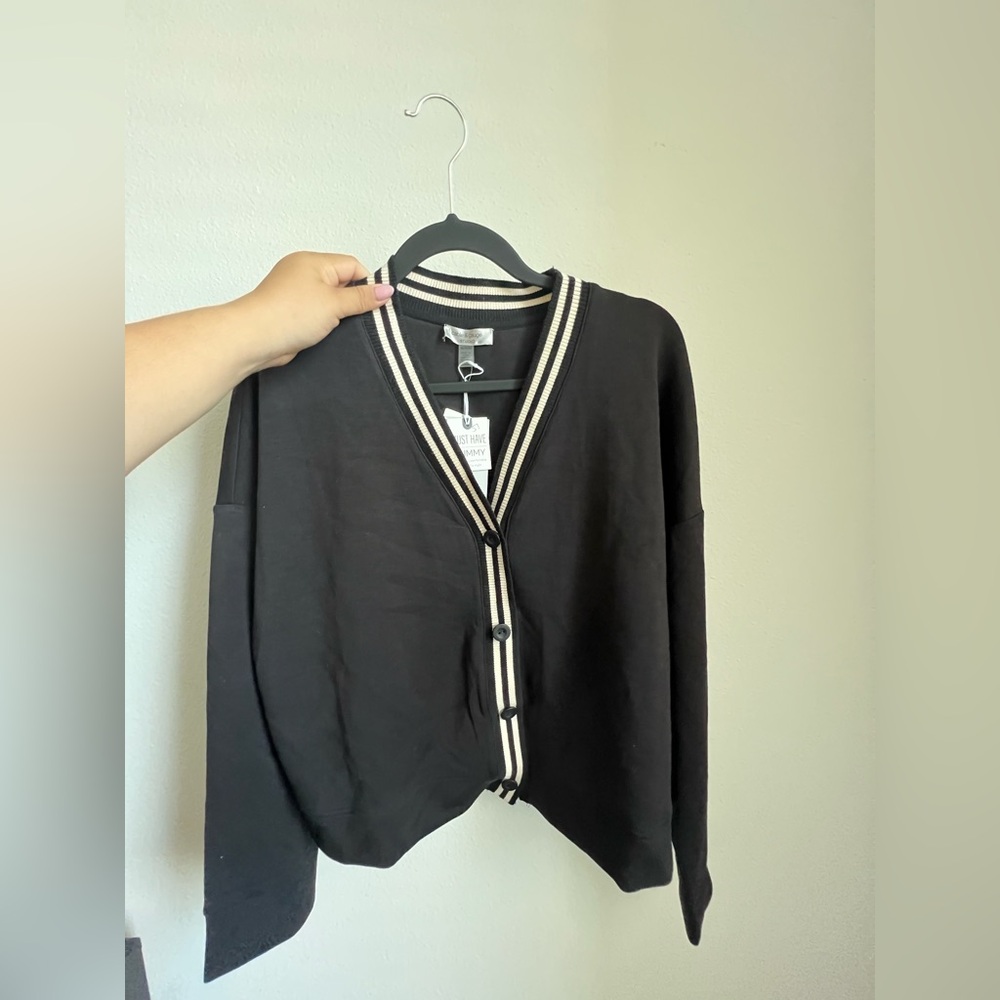 Cable & Gauge Black Cardigan with Striped Collar